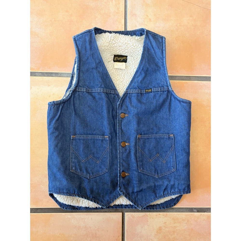Vintage 1978 Wrangler "No Fault" Denim Sherpa Lined Vest Made in USA Size Medium